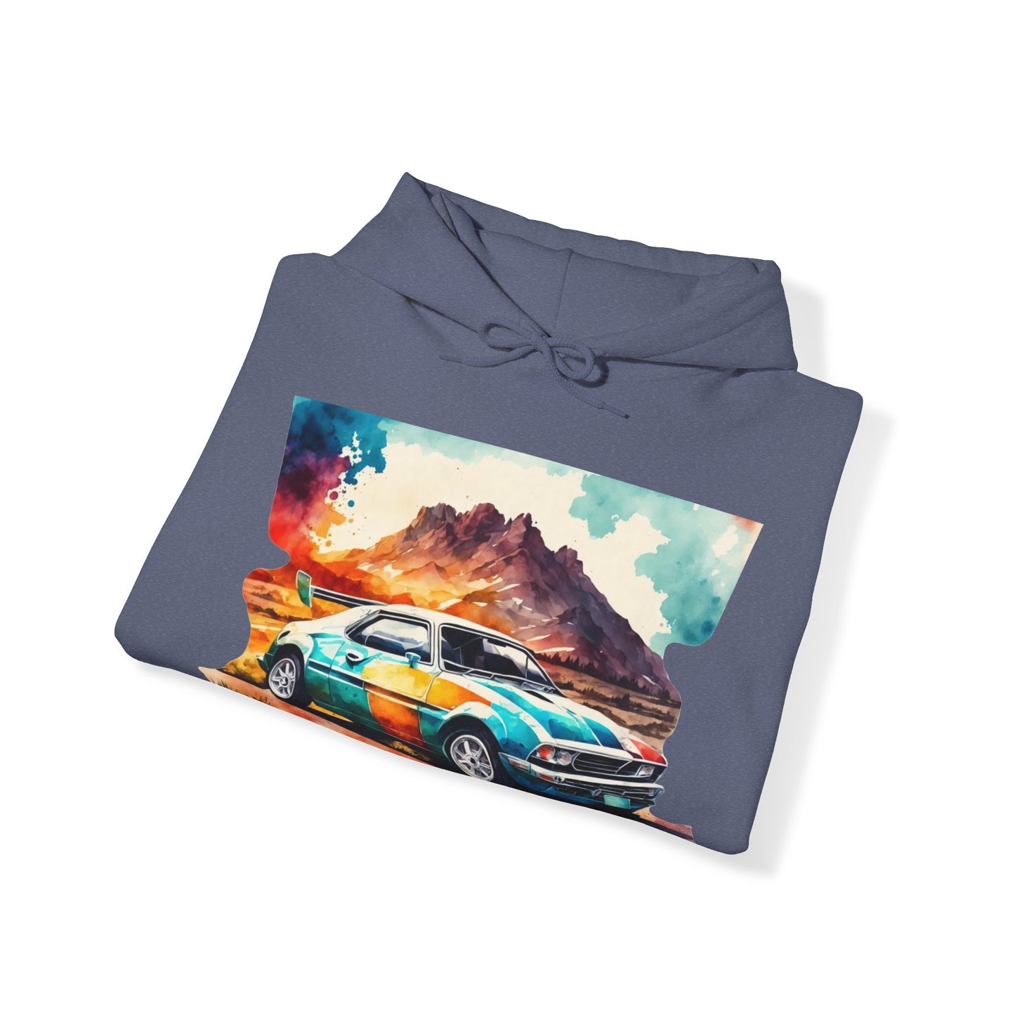 Watercolor Car with Mountain View Heavy Blend™ Hooded Sweatshirt