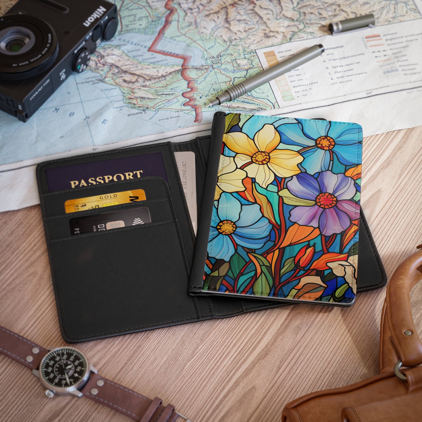 Large Stained Glass Flowers Passport Cover
