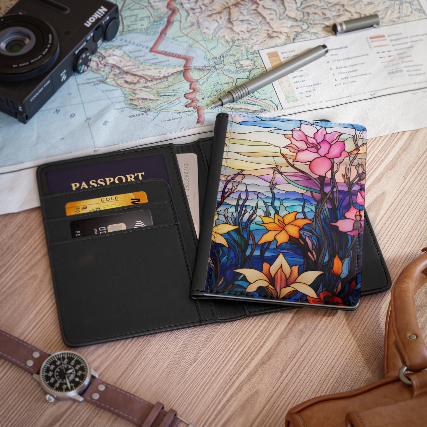 Stained Glass Flowers Passport Cover
